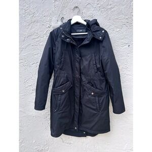 Tumi Womens Black Hooded Parka Jacket Quilted Lining Faux Fur Collar Mid Length